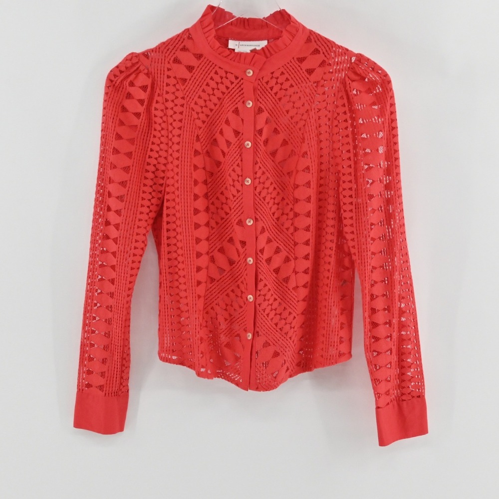Anthropologie Lace Ruffle Neck Blouse Womens Size‎ 4 Red Crochet Boho Eyelet Top